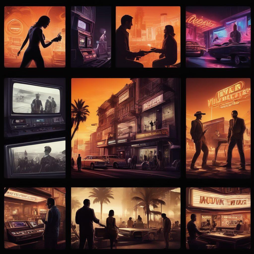 A dynamic collage showcasing the evolution of entertainment, featuring iconic elements like vintage film reels, modern gaming consoles, and streaming services. The background transitions from sepia tones to vibrant neon colors, illustrating the timeline of entertainment trends. Include silhouettes of people enjoying various forms of entertainment, from theaters to home setups. Add a touch of futuristic technology to signify insights into the future. super-realistic. vibrant colors.