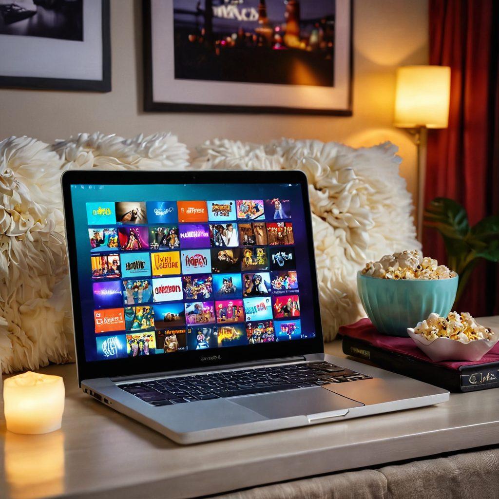 A sleek, modern laptop displaying a vibrant streaming interface filled with colorful thumbnails of adult films, surrounded by stylish decor such as plush cushions and ambient lighting. Include a playful hint of popcorn and drinks to signify a laid-back viewing experience. The scene should convey a cozy and inviting atmosphere for adult entertainment. super-realistic. vibrant colors. cinematic style.